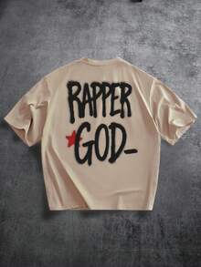 Manfinity ZONE917 街头说唱之神红星涂鸦标语印花卡其色短袖T恤 - 卡其色 - 查看 1