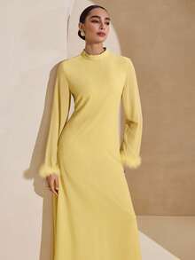 Graceveil Reed Yellow Chiffon Patchwork Fur Trim Stand Collar Long Sleeve Elegant Party Dress - Yellow - View 3