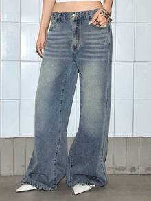 ROMWE Grunge Punk Women's Casual Printed Denim Jeans - Blue - View 5