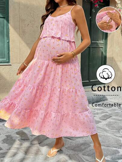 SHEIN Summer Outfit Women ,Vacation Outfits Women ,Maternity Casual Ditsy Floral Sleeveless Dress, Vacation Dress,Maternity Cotton Floral Print Nursing Dress,Sweet Pink Floral Print Cotton Sundress, Comfortable And Breathable Nursing Dress