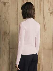 Revavyn Women's Slim Fit, Half-High Collar, Mesh Shoulder Hollow Bubble Bead Design, Daily Commuting, Long-Sleeved Knitted Bottoming Shirt Fall Clothes For Women Winter Clothes   Women's Winter Sweater New Year - Pink - View 7