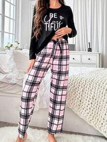 Lazeform Letter Grid Printed T-Shirt & Long Pants Pajamas Set, Fall Winter Clothes Cozy And Elegant Details