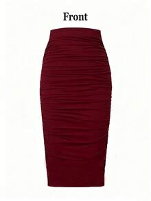 INAWLY Burgundy Ruched Bodycon Midi Skirt For Women Sexy Plain Polyester Pencil Dress Style - Burgundy - View 3