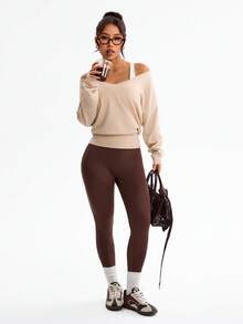 Dewbera Áo len yoga nữ dáng rộng cổ chữ V tay cánh dơi, áo tập luyện kéo khóa cho chạy bộ, pilates, thể dục, tay dài - Lạc đà - Xem 6