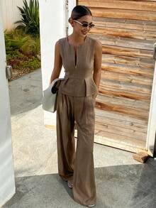 DAZY 2pcs/Set Women Casual Sleeveless Zip-Up Top And Pants Vacation - Navy Blue - View 1