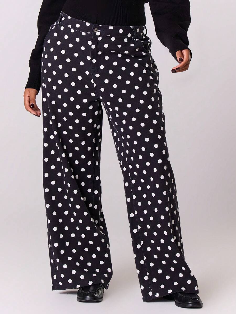 MUSERA Plus Polka Dot Wide Straight Leg Jeans Cute Everyday Night Out Loose Workwear - Black - View 1