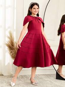 SHEIN Đầm trơn màu dễ thương cho bé gái tuổi teen, thích hợp mặc thường ngày, đi học, dự lễ khai giảng, đi du lịch, chơi thể thao, mùa đông, Tết Dương lịch. - Đỏ - Xem 4