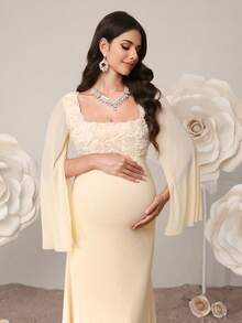 SHEIN Maternity Clothes Maternity  Dress Summer Pregnant Clothes Apricot Maternity Dress With Stand-Up Collar, Flared Sleeves, And Textured Floral Pattern, Elegant - Apricot - View 5