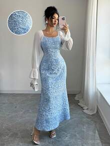 Elenzga Đầm đuôi cá ôm dáng thanh lịch, chất liệu jacquard, hàng mới về mùa Xuân/Hè 2026 dành cho nữ. - Xanh và trắng - Xem 1