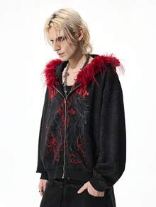 ROMWE MEN Goth Áo hoodie nam màu tối, viền lông mềm mại, có khóa kéo, kiểu dáng thường ngày, thích hợp cho mùa thu. - màu đen - Xem 4