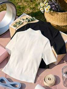 Comfortcana 2件套女士休闲简约黑白针织拉链七分袖T恤，春夏款，适合跑步、瑜伽、嘉年华等夏季轻薄穿着 - 彩色 - 查看 2