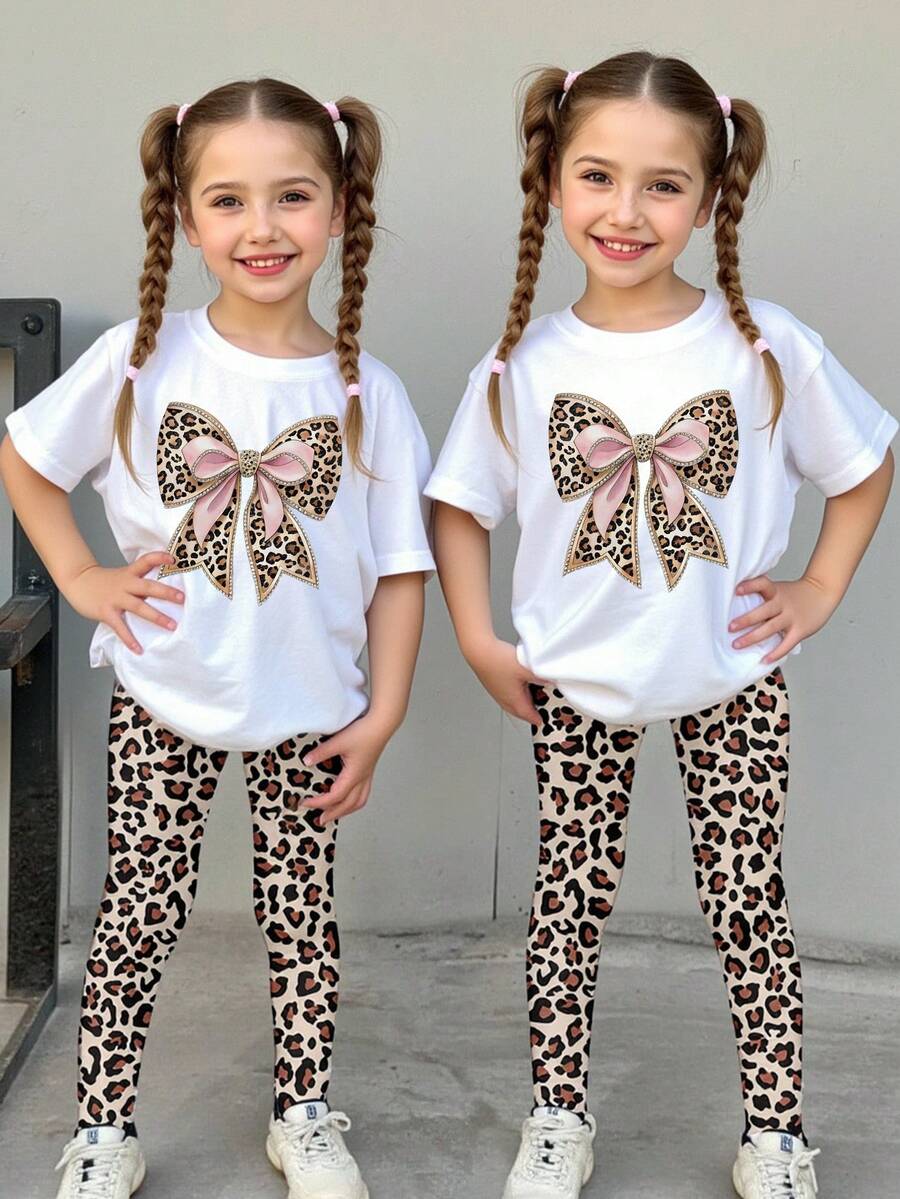 SHEIN 2pcs/Set Girls Casual Creative Diamond-Like Leopard Bow Decor School Pattern Print Short Sleeve T-Shirt & Leggings Outfit Set Girls Leopard Outfit Girls Cheetah Set Bow Outfit Girls Tween Leggings Set Tween Girl Bow Shirt - Multicolor - View 1