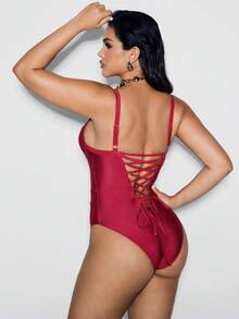 Shapewave Women's Sexy Shiny Red Lace-Up One-Piece Swimsuit, Fashionable & Slimming, Spring/Summer Valentine's Day One Piece Bathing Suit Full Coverage Valentines - Burgundy - View 8
