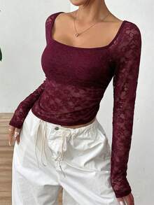 SHEIN EZwear Áo kiểu tay dài cổ vuông ren gợi cảm thời trang dành cho nữ - Màu Đỏ Sâu - Xem 4