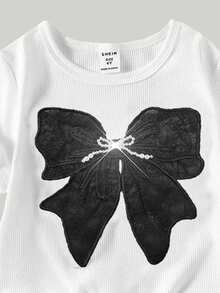 SHEIN 2件套少女休闲T恤和工装裤套装，蝴蝶刺绣图案圆领短袖T恤和裤子，春夏时尚套装 - 彩色 - 查看 5