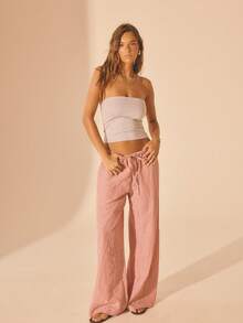 Aralina Women's Striped Low Rise Elastic Waist Wide Leg Pants Beach Pants Summer Pants Pink Pants Everyday Casual Comfy Pants For Women Vacation Outfit - Baby Pink - View 6