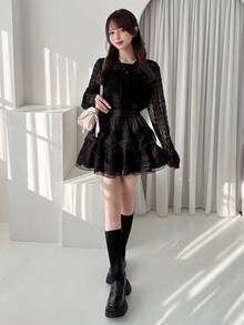 FRIFUL Áo nữ dài tay cổ tròn, chéo phía trước, ôm sát, chất liệu dày dặn. - màu đen - Xem 2