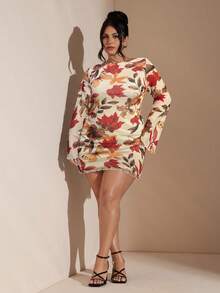 SHEIN BAE Gaun Mini Lengan Panjang Wanita Ukuran Besar, Musim Gugur/Musim Dingin - Aprikot - View 6