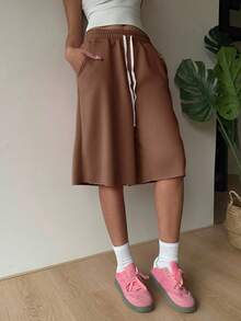 SHEIN EZwear Plus Size Women Brown Casual Drawstring Waist Shorts With Side Pockets - Brown - View 4