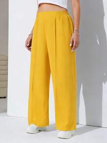 SHEIN EZwear 加大码黄色前缝松紧腰休闲裤 - 黃色 - 查看 5