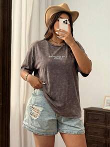 SHEIN EZwear 大码复古做旧棉质刺绣宽松棕色T恤 - 棕色 - 查看 6