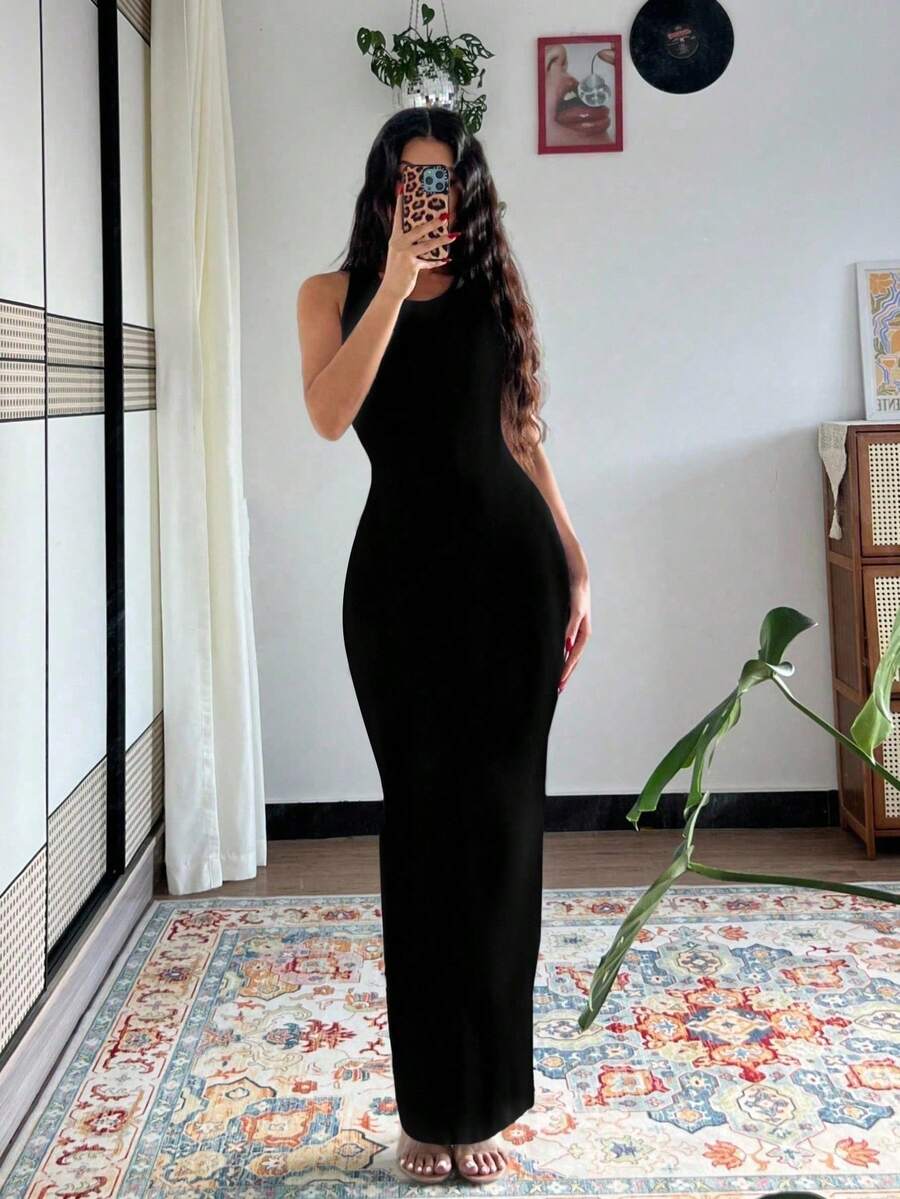 Rafferiza Petite 女款純色修身長洋裝,夏季長裙高挑款黑色緊身長洋裝,小個子女性適用 - 黑色 - 查看 1