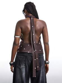 SHEIN EZwear Plus Size Women Casual Polka Dot Cropped Camisole Tank Top With Tie Back (Women) Brown Top Women Dark Brown Top Chocolate Brown Top, Summer Tops - Brown - View 2