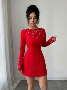 Selianne New Asymmetrical Bubble Bead Elegant Red A-Line Long Sleeve Mini Dress, Suitable For Dates, Parties, And Gatherings