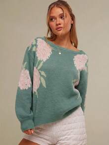 WESTFADE Áo len dệt kim dài tay cổ thuyền họa tiết hoa jacquard phong cách cao bồi miền Tây mùa xuân. - màu xanh lá - Xem 4