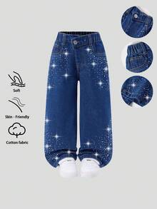 SHEIN Explorewe 女童牛仔裤，中度水洗蓝色，街头休闲度假风，Y2K 设计，不规则松紧腰，基本款口袋，按扣装饰，水钻点缀，宽松直筒裤型，柔软棉质牛仔布，无弹力，适合日常穿着、通勤、外出、派对等场合，秋冬新品 - 深色水洗藍 - 查看 6