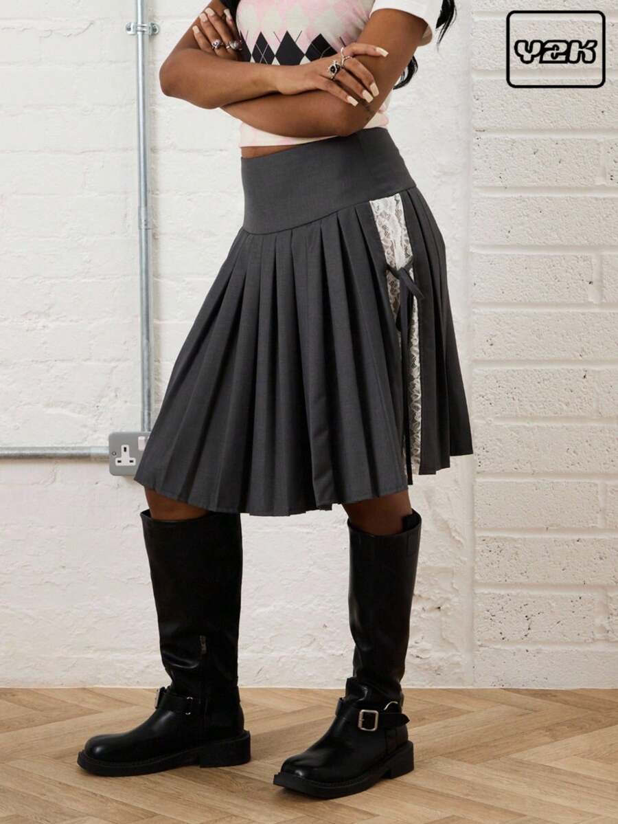 COUREZ Rok Midi Lipit Potongan Rapi dengan Pinggang Lebar / Gaya Y2K untuk Pesta Musim Semi, Gothic, Klub, Seksi - Grey - View 1