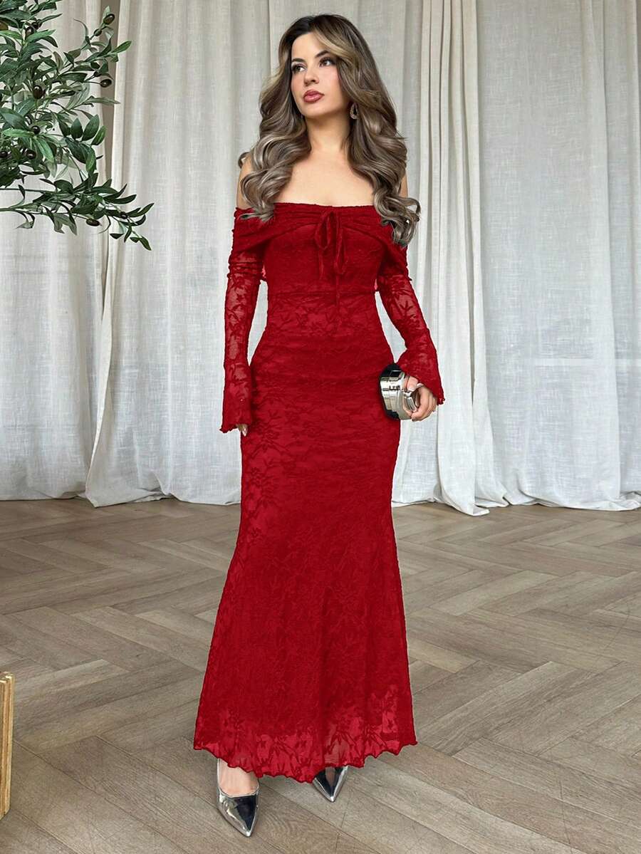 Jemour 女士露肩长袖前系带修身连衣裙，新年女士连衣裙，新年派对连衣裙，情人节 - 酒紅色 - 查看 1