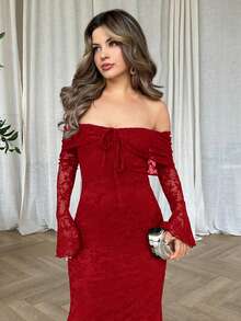 Jemour 女士露肩长袖前系带修身连衣裙，新年女士连衣裙，新年派对连衣裙，情人节 - 酒紅色 - 查看 5