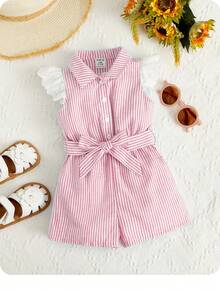 Baby Girl Cute & Elegant Summer Vacation Striped Sleeveless Romper - Pink - View 1