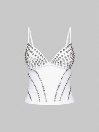 Grunge Punk Canotta da donna sexy e punk, con patchwork, rivetti e catene