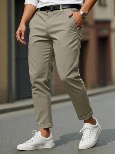 Manfinity Mode Men's Casual Slim-Fit Solid Color Suit Pants, Versatile For Daily Wear And Commuting Khakis Chino Pants Casual Pants Mens Pants Khaki Pants