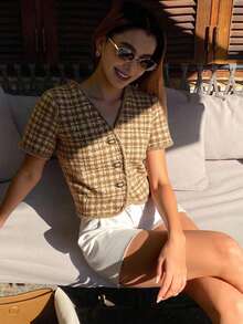 DAZY 女士优雅印花V领常规款外套，春夏款 - 杏色 - 查看 3