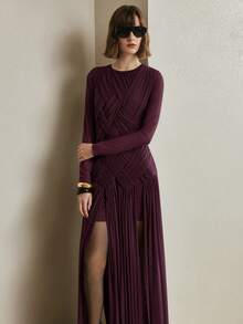 Arave 女士针织弹力网布圆领插肩袖不对称拼接设计优雅约会长裙 - 酒紅色 - 查看 7