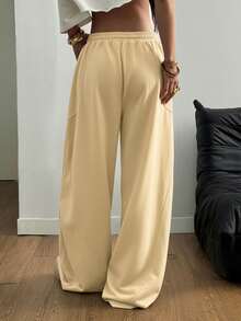 SHEIN Tall CURVE 大码女式街头风外出休闲裤，大码弹力腰带舒适筒状裤腿 - 杏色 - 查看 2