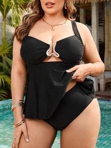 Swim Lushoire 大码女士纯黑色面料泳衣上衣，饰有肩带和喇叭形下摆，搭配常规遮盖度的低腰泳裤，休闲度假泳装套装 - 黑色 - 查看 1