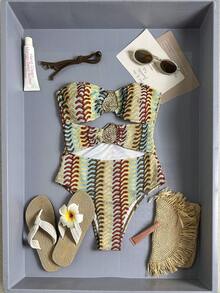 Swim Chiccia Spring/Summer Knit Jacquard Wireless Halter Backless Tie Swimsuit High Cut Women Beach Holiday Travel Elegant One-Piece Swimwear - Multicolor - View 6