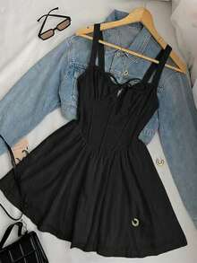 INAWLY 女士可爱蝴蝶结腰部镂空A字吊带迷你连衣裙，甜美优雅，适合夏季 - 黑色 - 查看 3