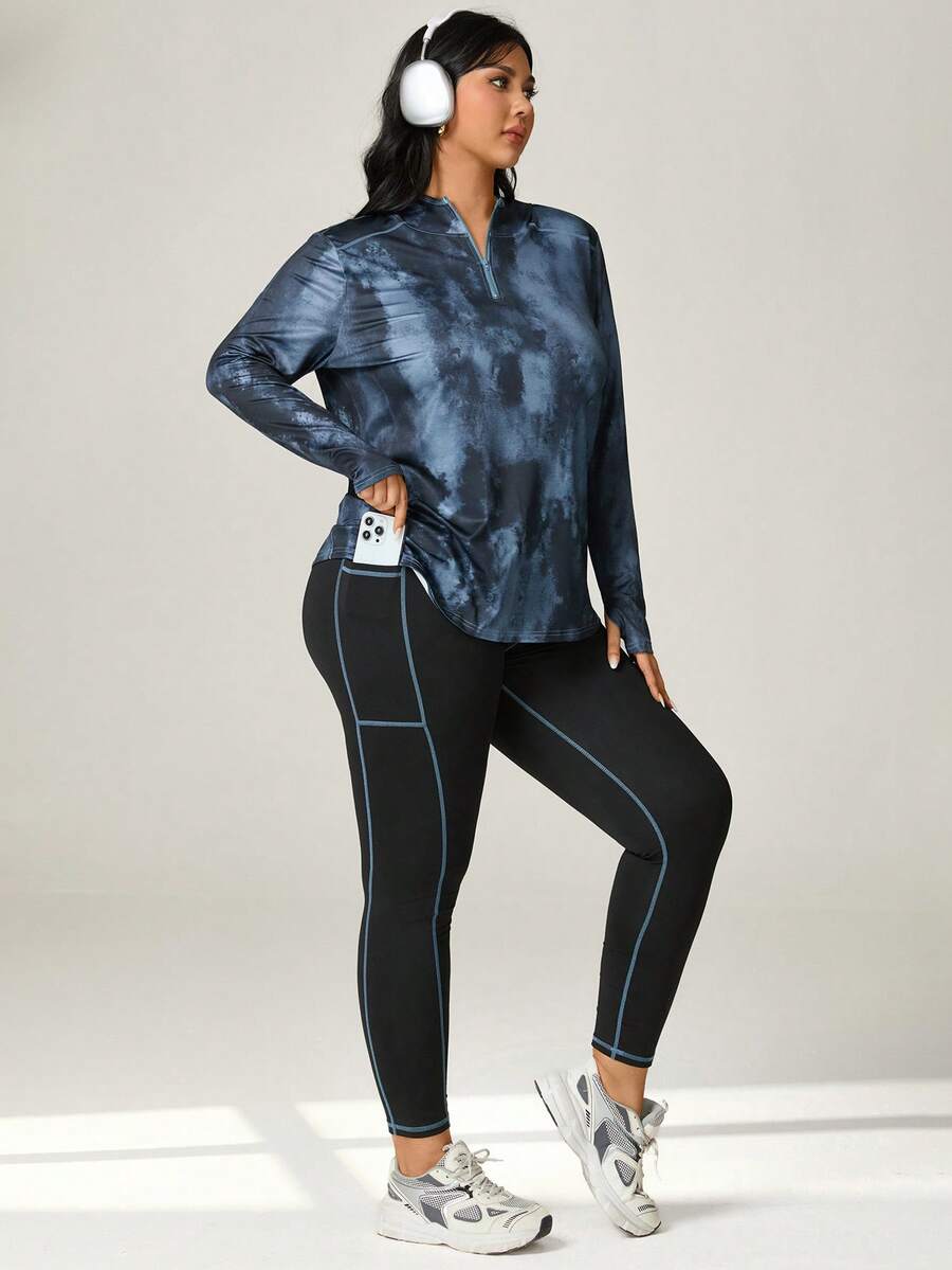Auralis Conjunto de top deportivo y mallas para mujer con escote en pico y efecto tie-dye, talla grande - Multicolor - Ver 1