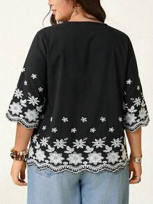 SHEIN LUNE Camisa casual de vacaciones con cuello con muesca y ribete bordado, talla grande - Negro - Ver 2