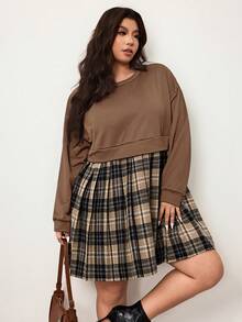 Enliva Vestido sudadera de manga larga con parches a cuadros para mujer talla grande, adecuado para otoño/invierno, para silueta de manzana y redondeada - Marrón - Ver 3