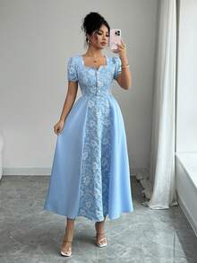 Rafferiza Đầm maxi nữ mùa xuân/hè kiểu Pháp thanh lịch, sang trọng, tối giản, cổ vuông, tay ngắn, đính cúc ngọc trai, eo thắt, màu trơn, phối họa tiết jacquard. - Màu xanh lam - Xem 1