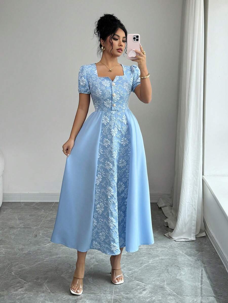Rafferiza Đầm maxi nữ mùa xuân/hè kiểu Pháp thanh lịch, sang trọng, tối giản, cổ vuông, tay ngắn, đính cúc ngọc trai, eo thắt, màu trơn, phối họa tiết jacquard. - Màu xanh lam - Xem 1