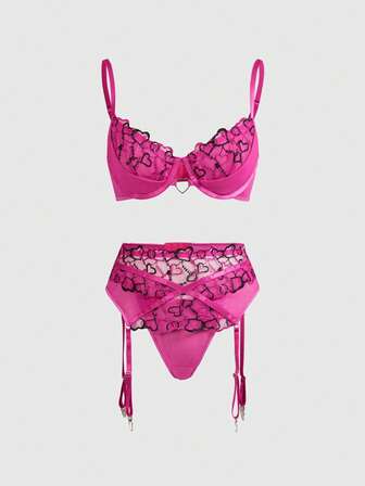 Kawaii Set di lingerie romantica per San Valentino, composto da reggiseno con ferretto, perizoma e reggicalze in rete con ricamo a cuori