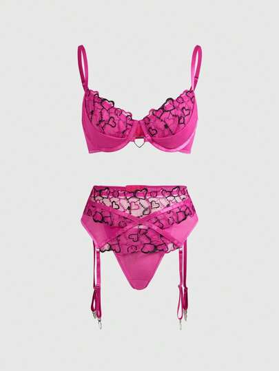 Kawaii Set di lingerie romantica per San Valentino, composto da reggiseno con ferretto, perizoma e reggicalze in rete con ricamo a cuori