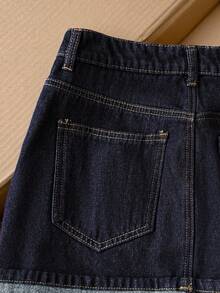 Comfortcana 女士休闲日常通勤时尚卷边牛仔迷你裙，夏季 - 藍色 - 查看 5